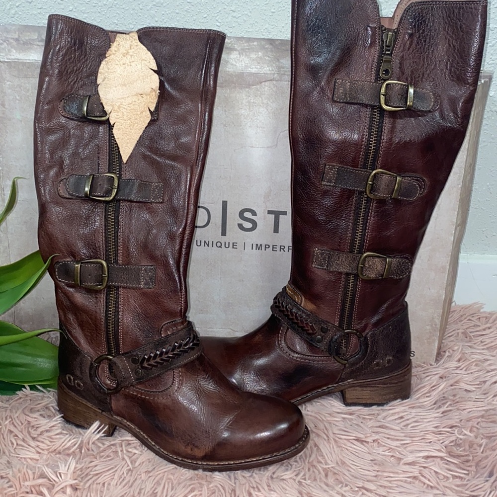 bed stu  Teak Skyla Distressed Leather Knee High Buckle Boots